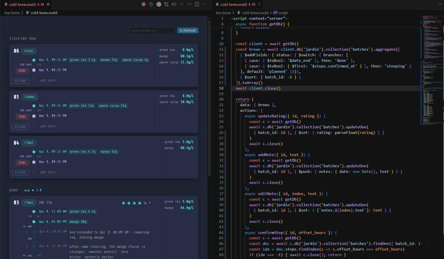 VS Code split view: a cold-brew tracker dashboard rendered live on the left, its .sveld source with a MongoDB server block on the right